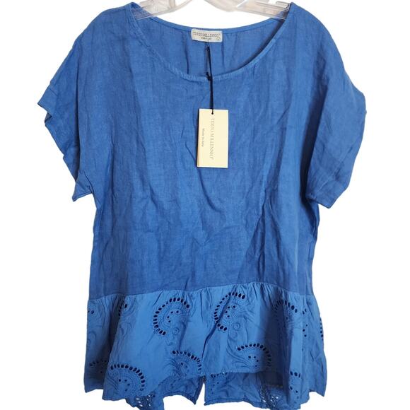 Terzo Millennio Blue Linen Eyelet Detail Blouse, NWT, Large - Picture 1 of 6